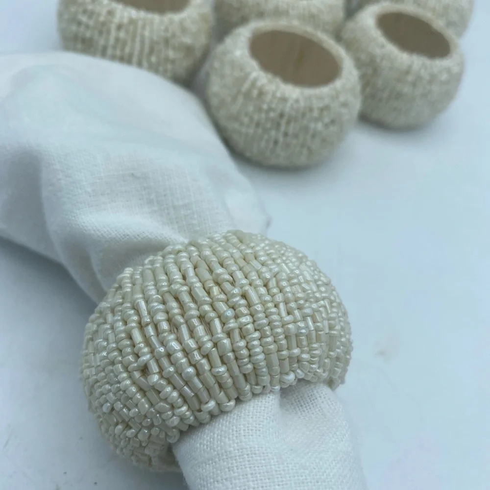 VTG Set Of 9 Beaded Cream Color Chunky Napkin Rings Holders